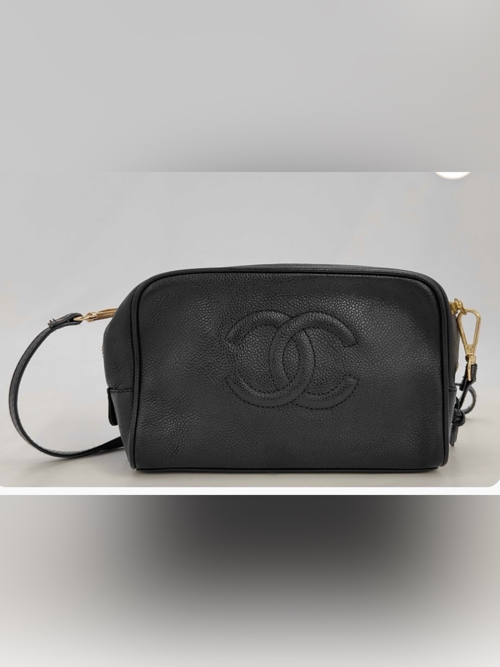 CHANEL Black Pebbled Leather Toiletry Pouch with CC Logo